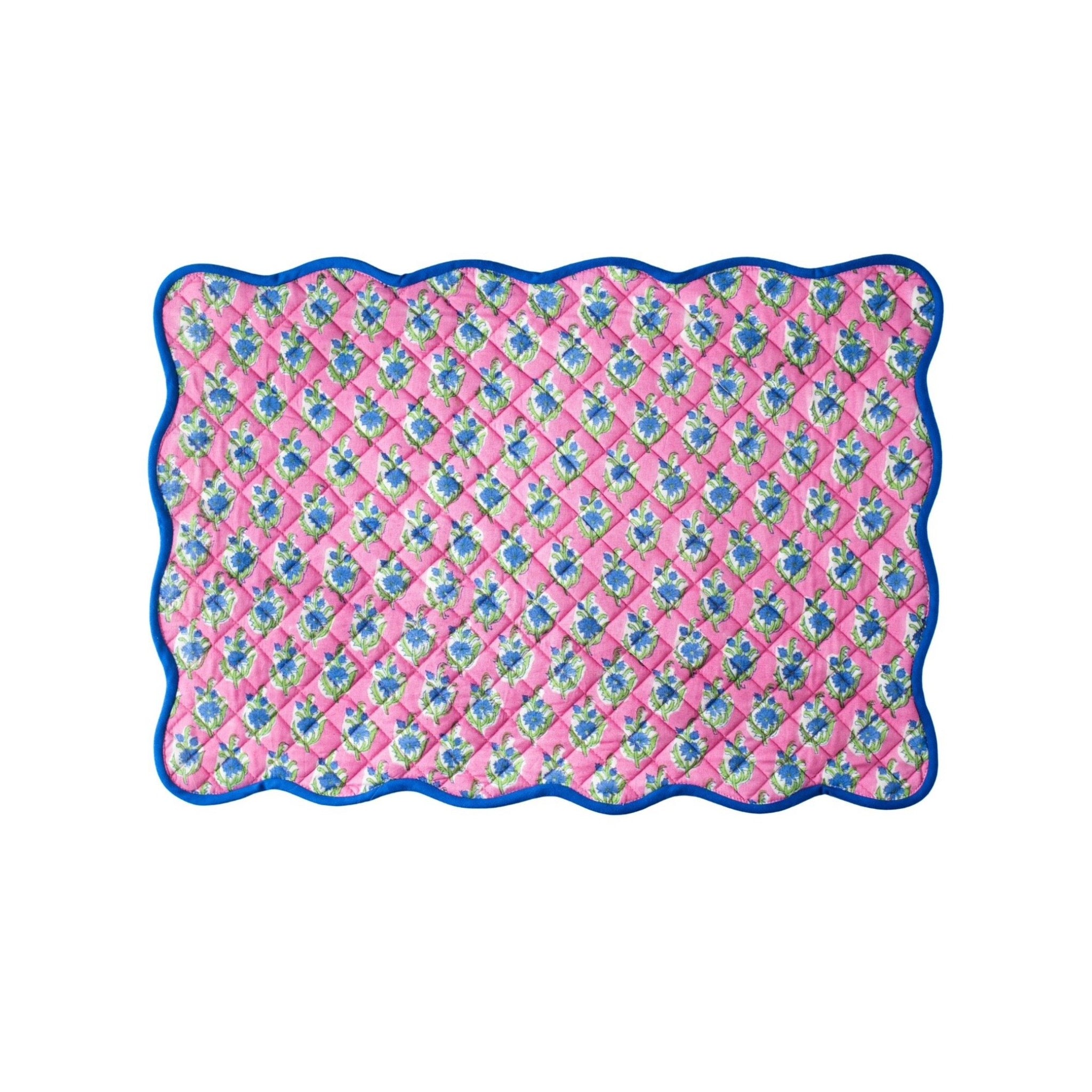 BLOCK PRINT PLACEMAT, PINK & BLUE FLORAL WITH SCALLOP TRIM The Pink
