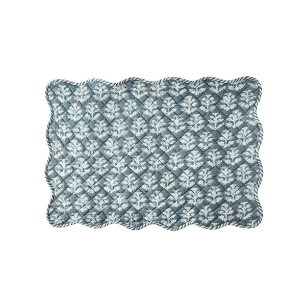 BLOCK PRINT PLACEMAT, GREY LEAF FLORAL WITH SCALLOP TRIM
