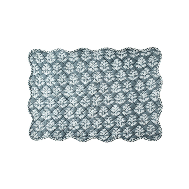 BLOCK PRINT PLACEMAT, GREY LEAF FLORAL WITH SCALLOP TRIM