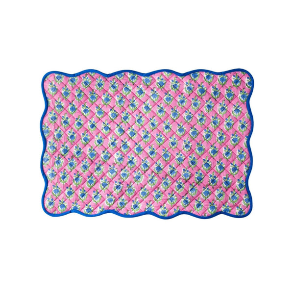 BLOCK PRINT PLACEMAT, PINK & BLUE FLORAL WITH SCALLOP TRIM